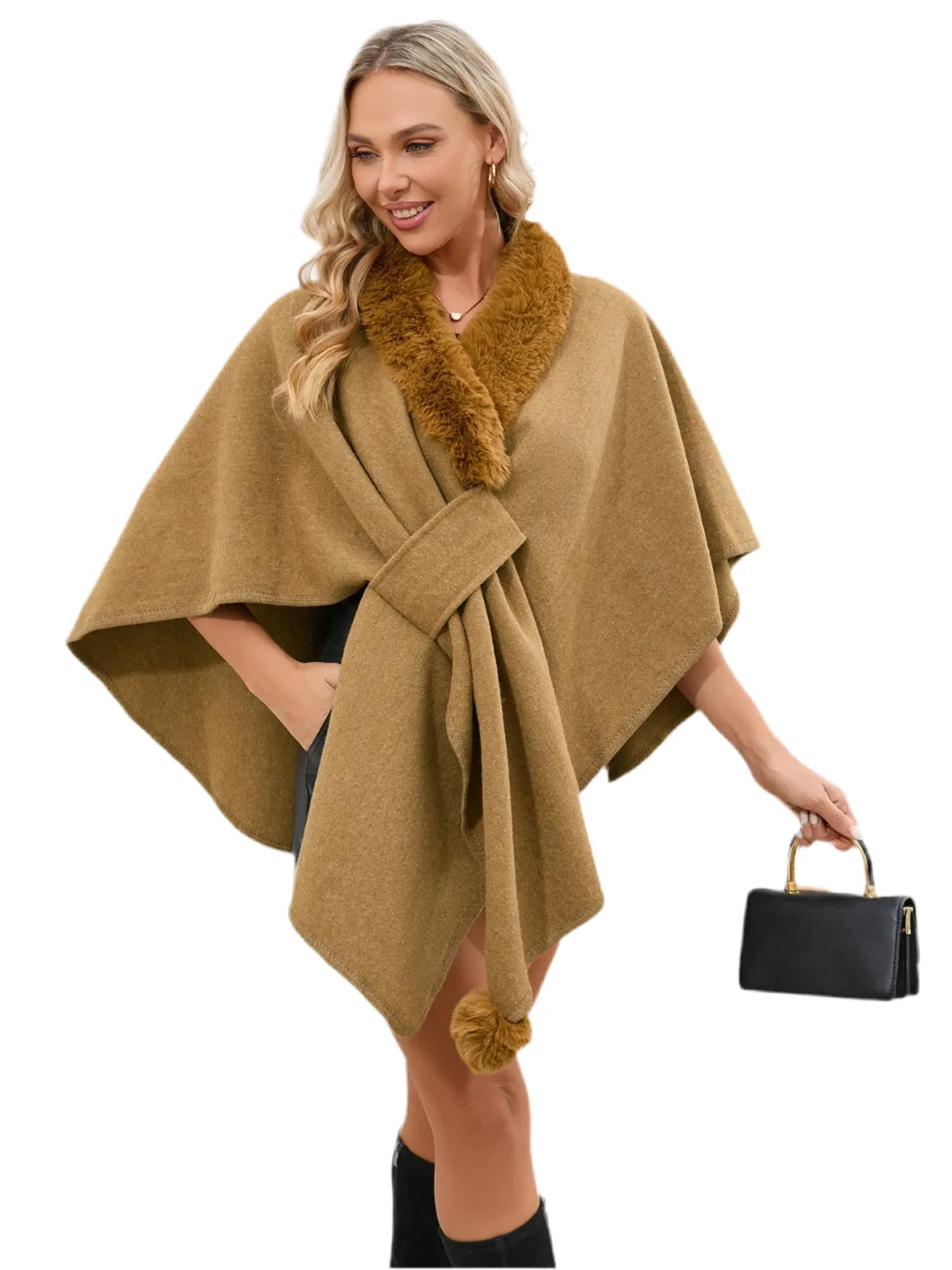 Fuzzy Trim Open Front Poncho