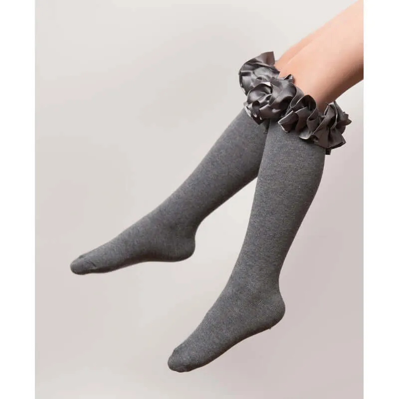 Girls Grey Ruffle Ribbon Knee Length Socks