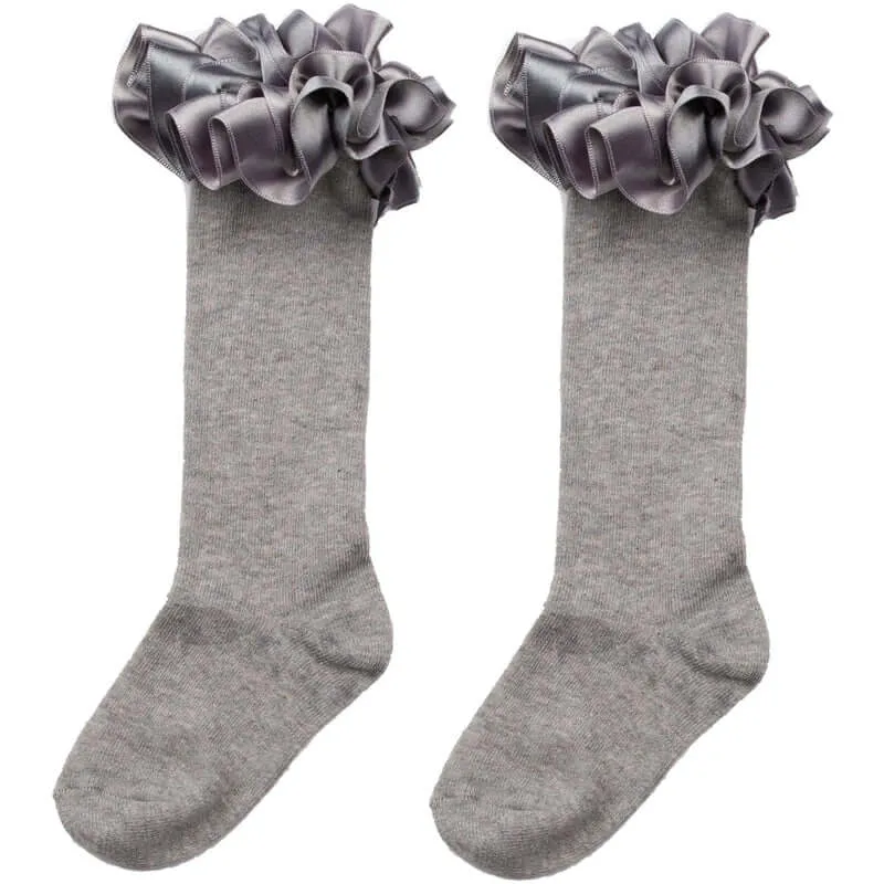 Girls Grey Ruffle Ribbon Knee Length Socks