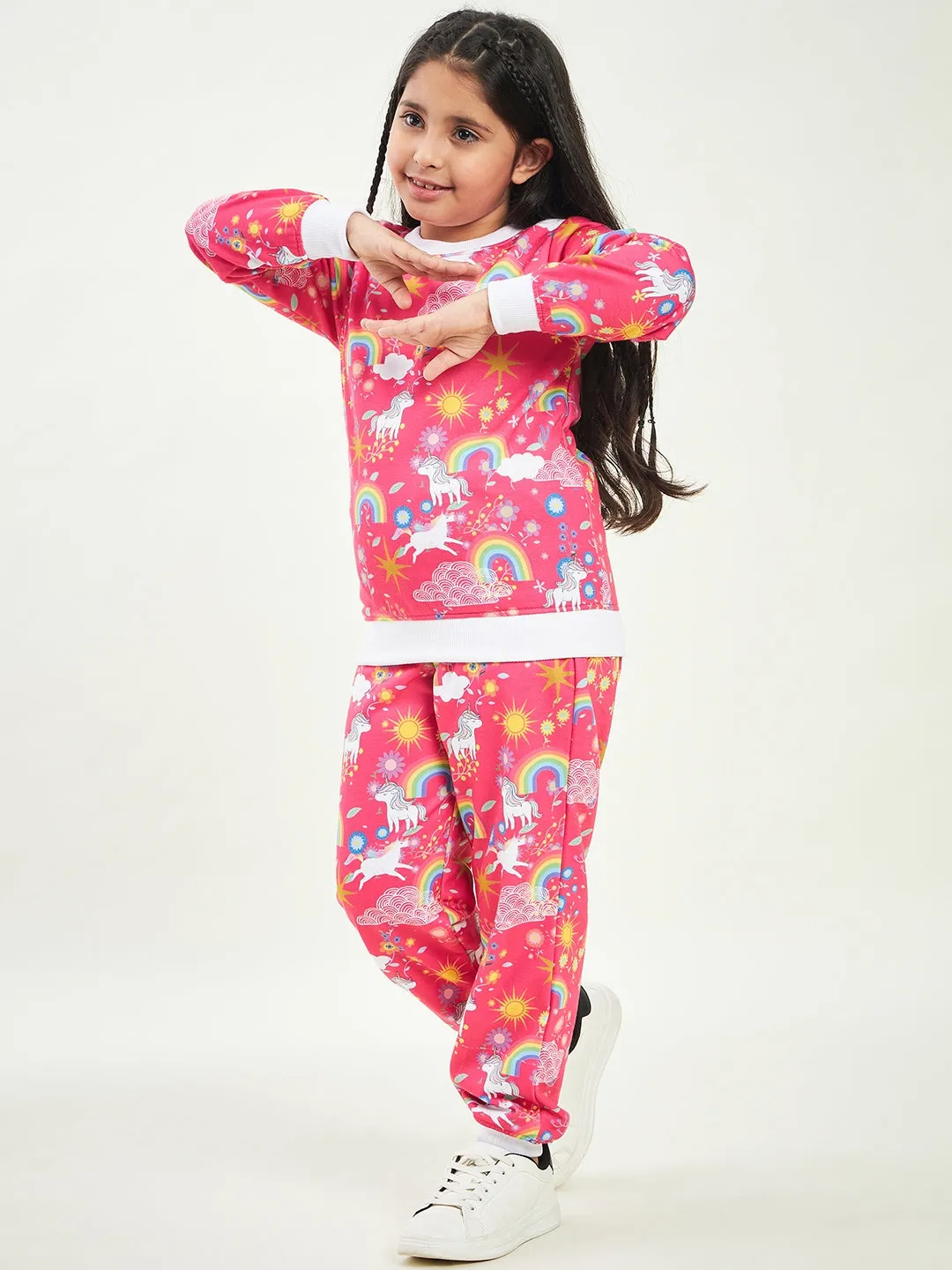 Girls Printed Fleece Sweatshirt With Joggers