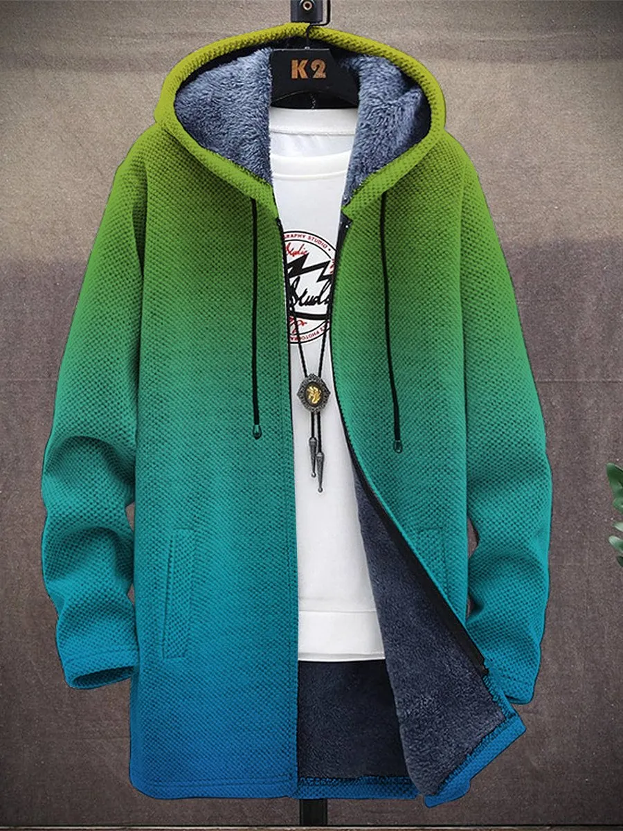 Gradient Print Hooded Two-Pocket Fleece Cardigan Jacket