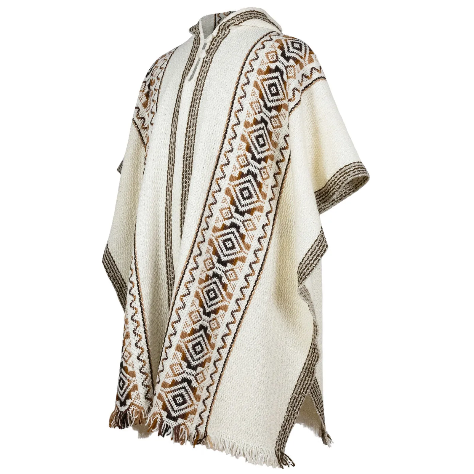 Guanabana - Llama Wool Unisex South American Handwoven Hooded Poncho - white with diamonds pattern