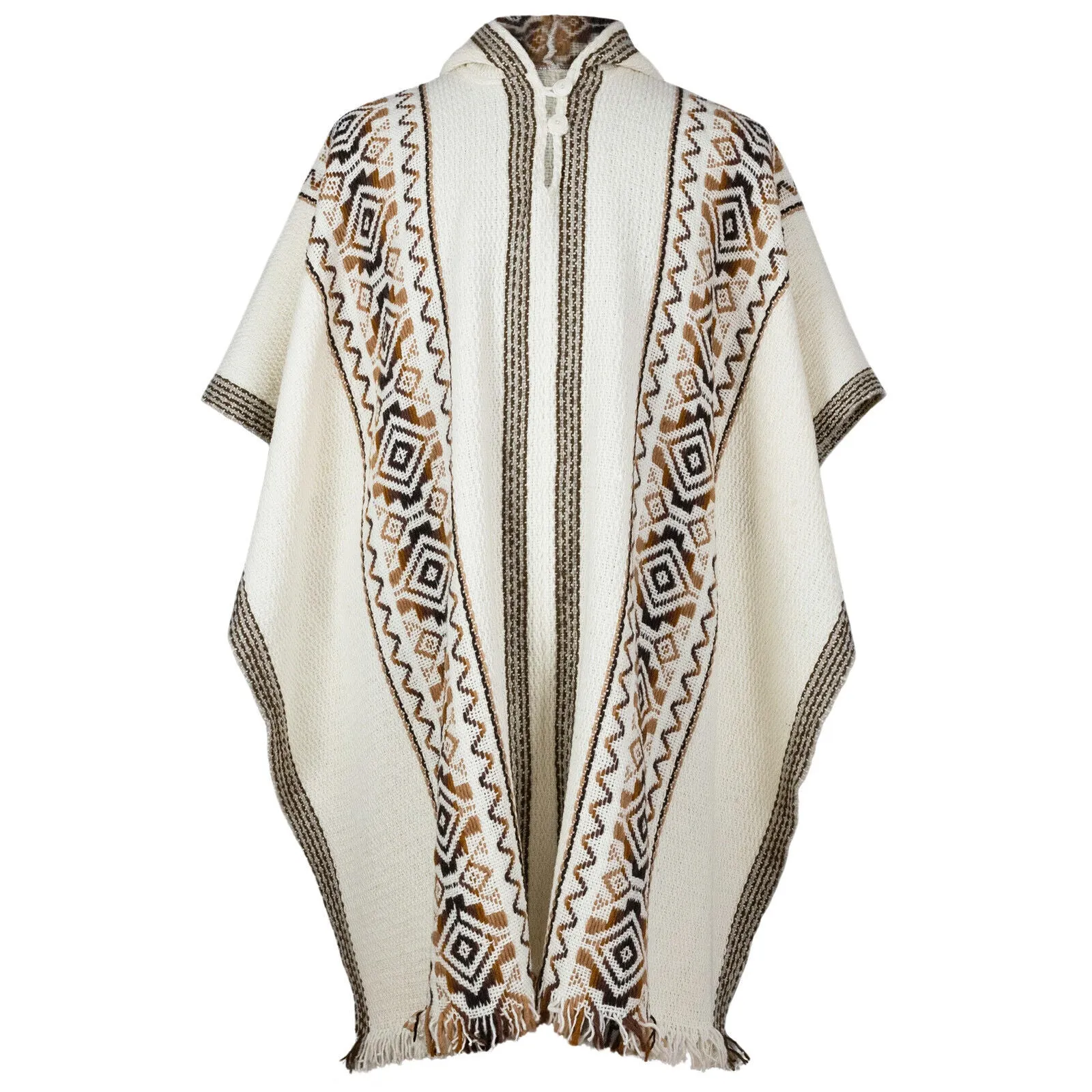 Guanabana - Llama Wool Unisex South American Handwoven Hooded Poncho - white with diamonds pattern