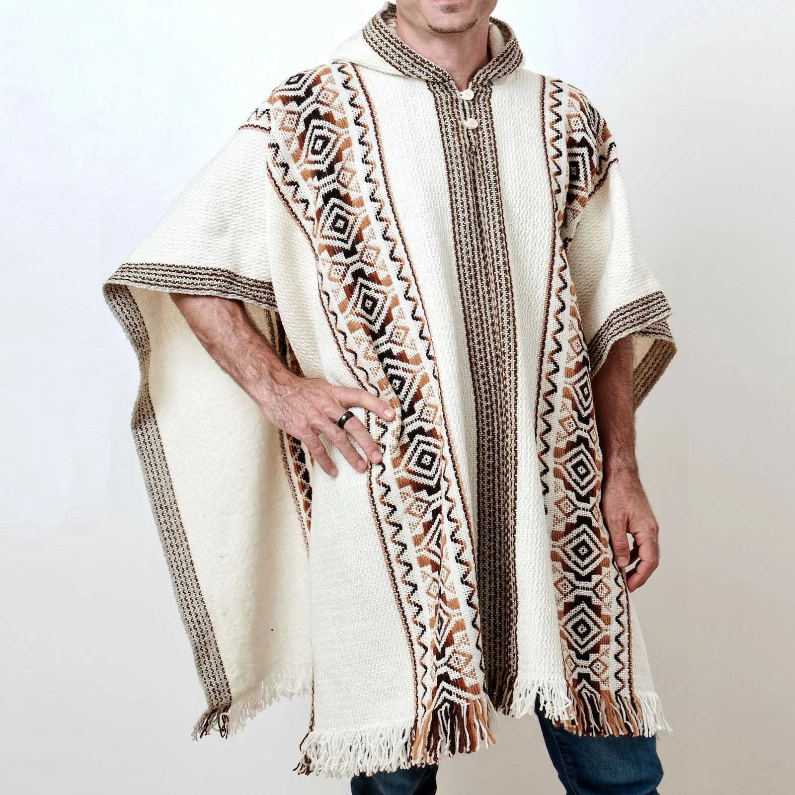 Guanabana - Llama Wool Unisex South American Handwoven Hooded Poncho - white with diamonds pattern