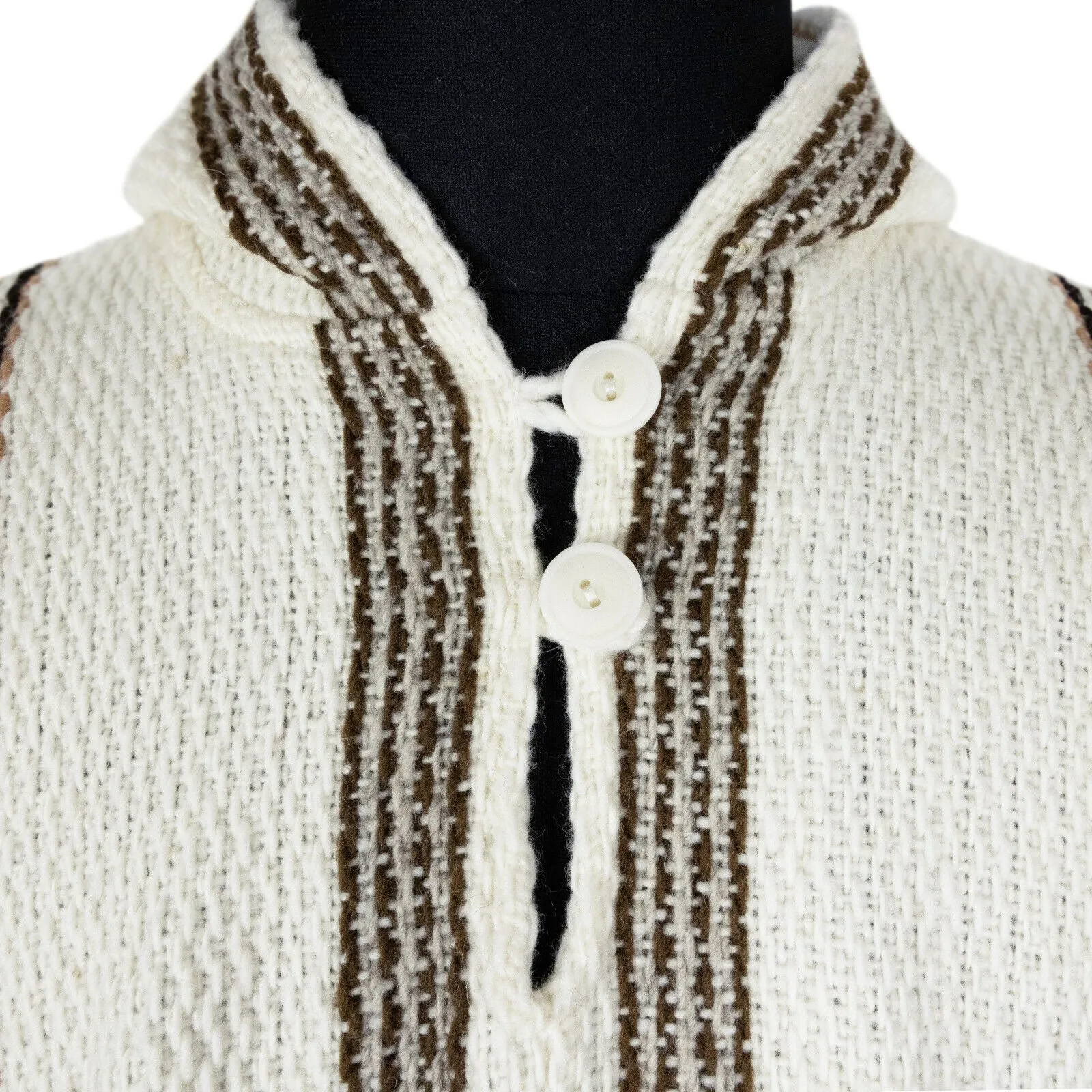 Guanabana - Llama Wool Unisex South American Handwoven Hooded Poncho - white with diamonds pattern