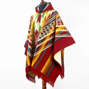 Guismi - Baby Alpaca wool Hooded Unisex Poncho S-XXL - Aztec pattern - RED