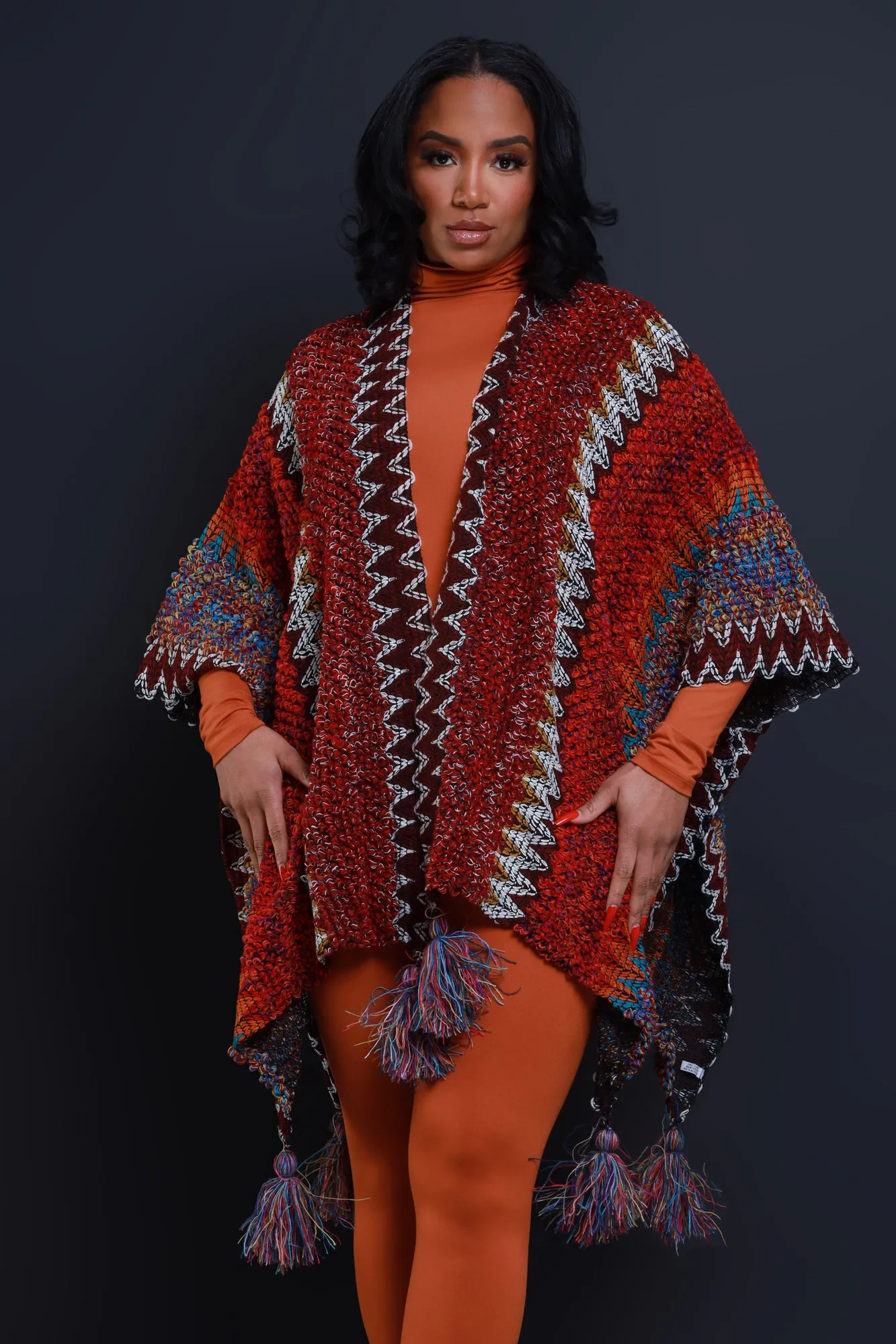 Here's The Thing Crochet Poncho - Maroon Multicolor