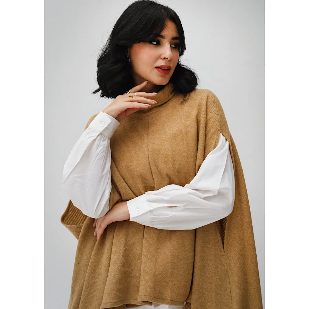 High neck ribbed poncho