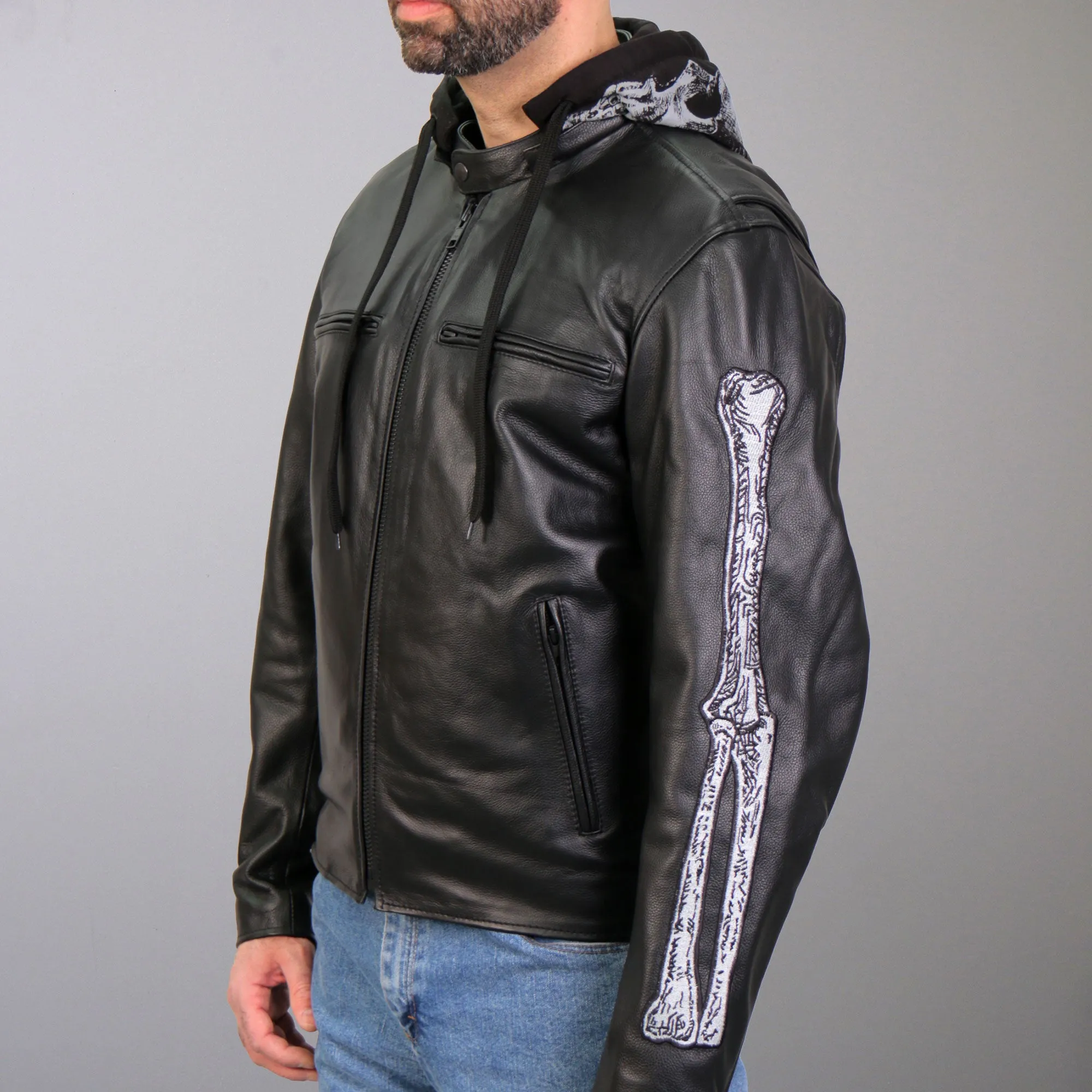 Hot Leathers JKM1031 Men’s Biker  ‘Skull and Bones’ Leather Motorcycle Jacket with Flannel Lining