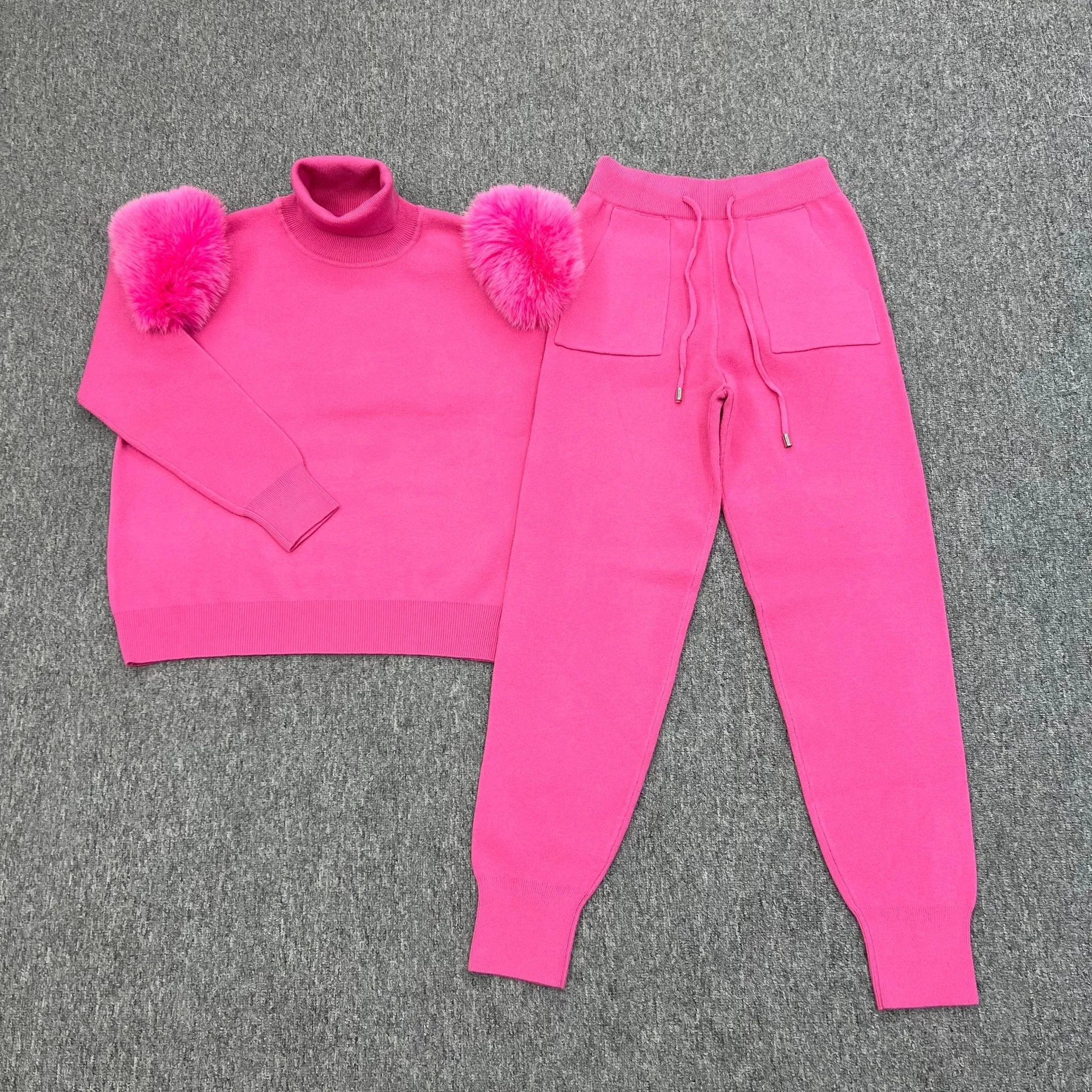 Hot Pink Luxury Fur Roll Neck Jogger Tracksuit