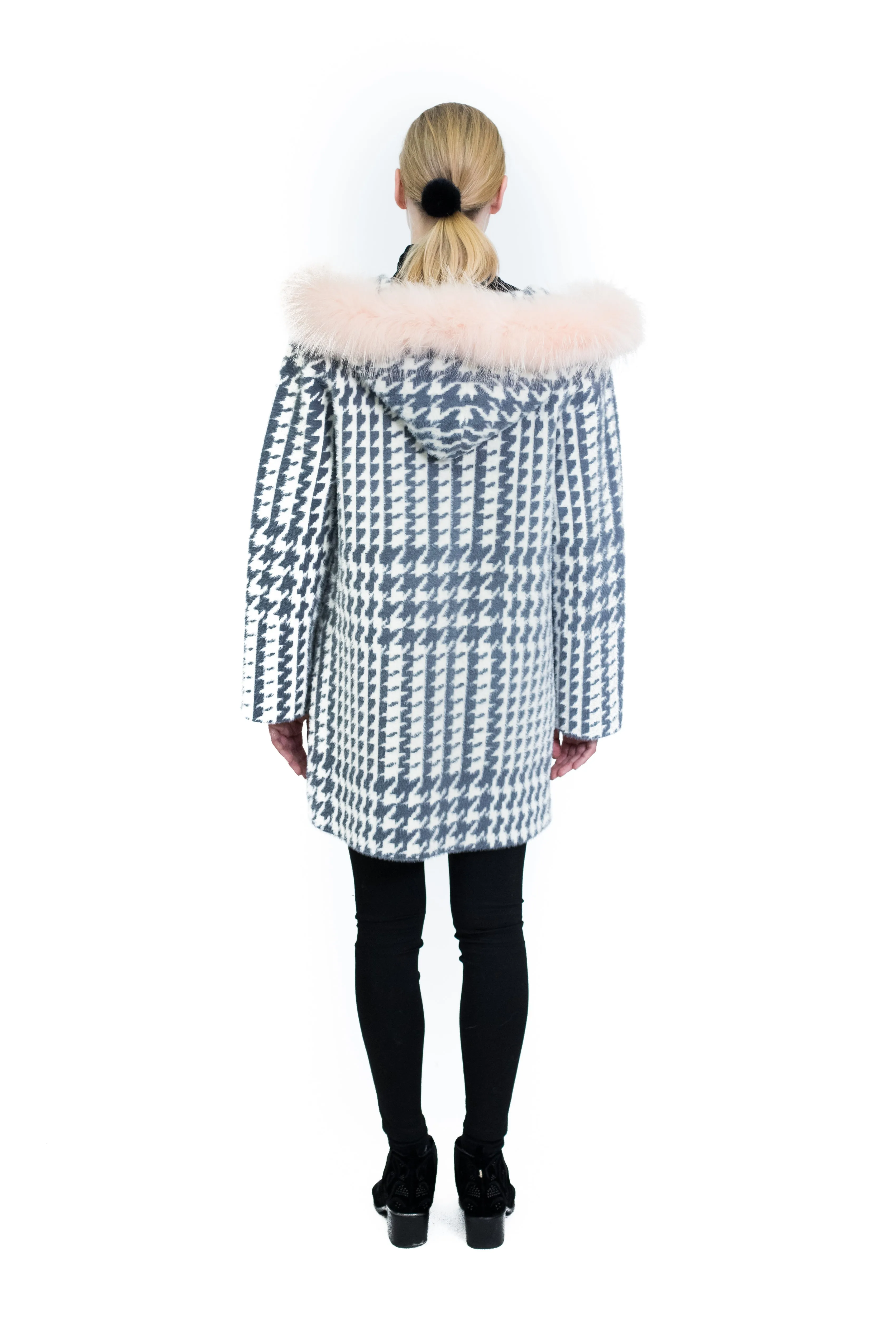 Houndstooth Coat with Pink Silver Fox Trim Hood