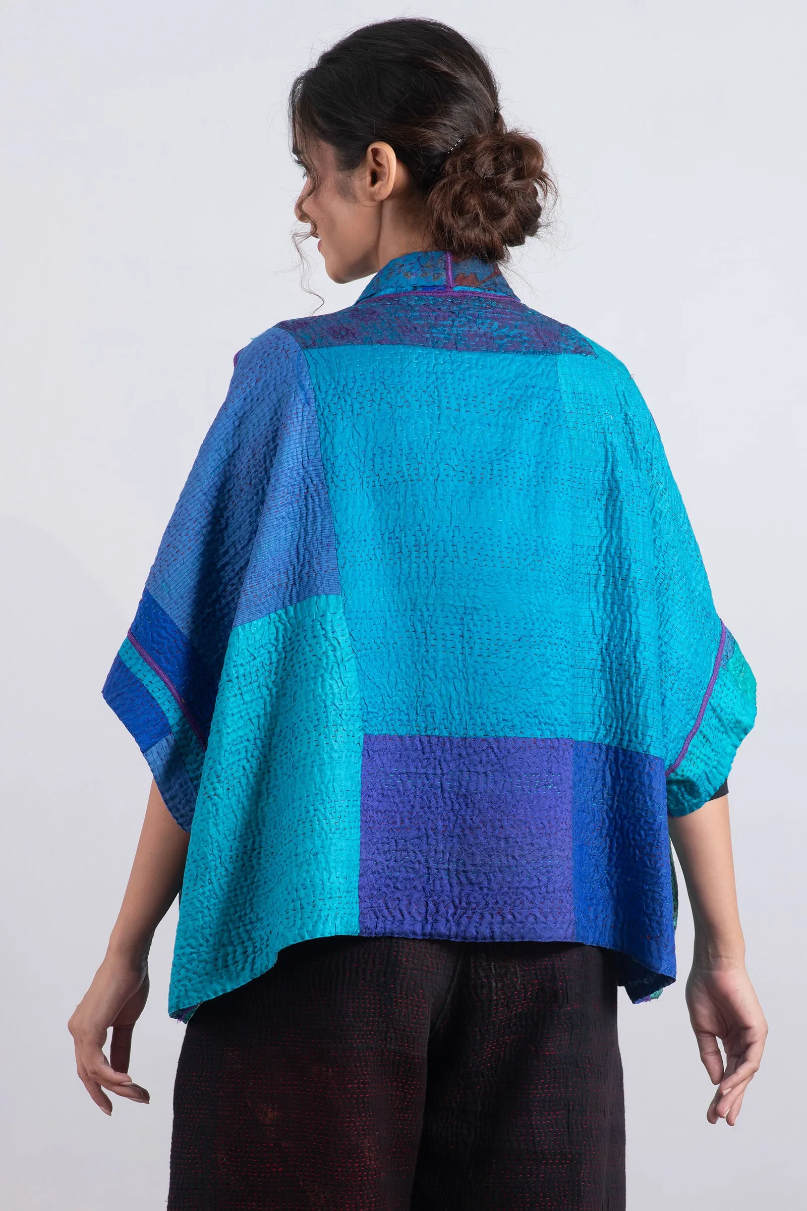 JACQUARD SILK KANTHA MINI PONCHO