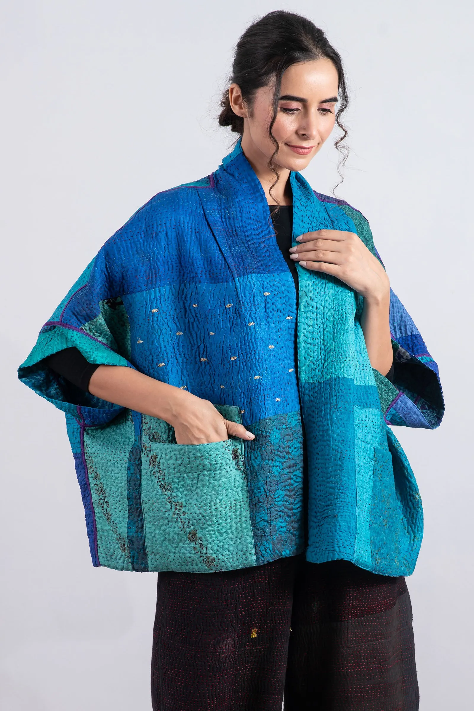 JACQUARD SILK KANTHA MINI PONCHO