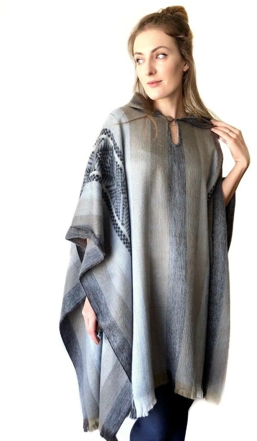 Jinambi - Lightweight Baby Alpaca Hooded Poncho - Gray/Earthtones - Unisex