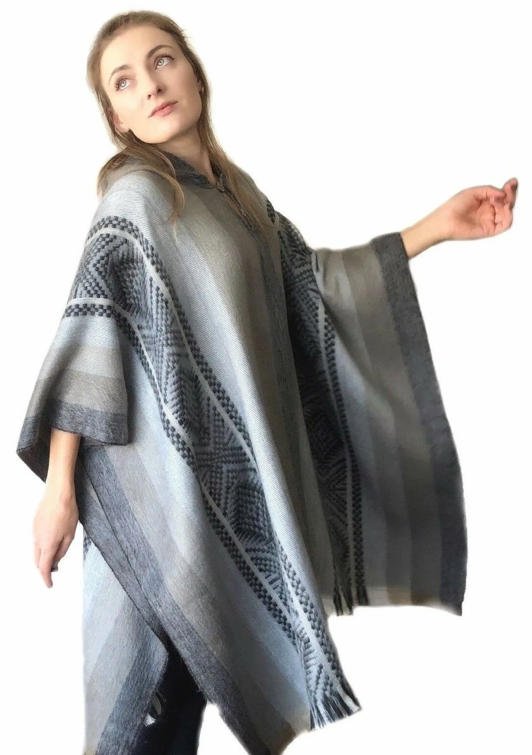 Jinambi - Lightweight Baby Alpaca Hooded Poncho - Gray/Earthtones - Unisex