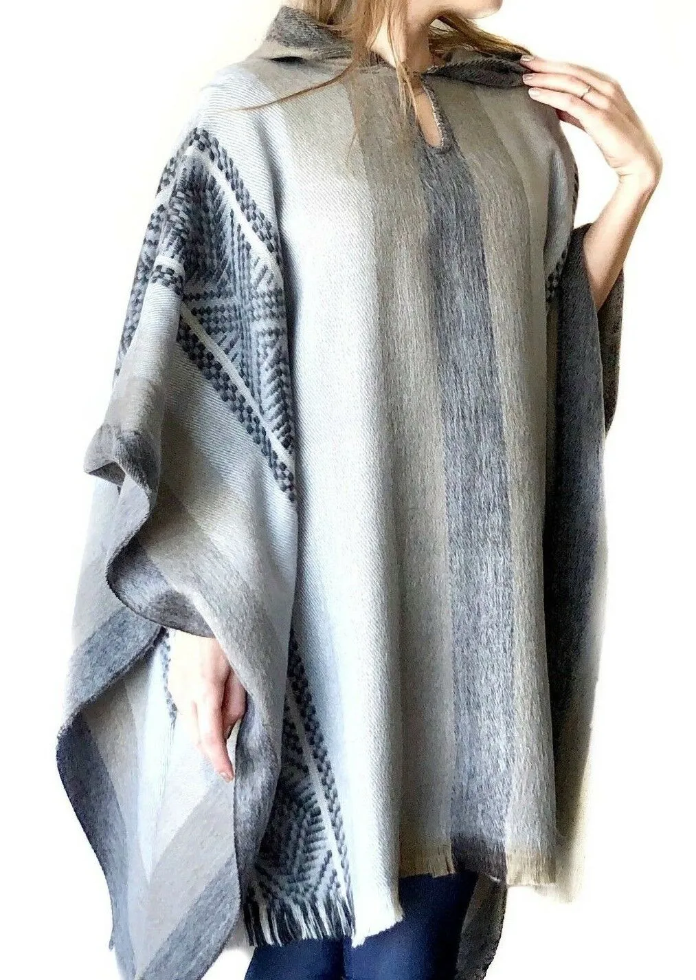 Jinambi - Lightweight Baby Alpaca Hooded Poncho - Gray/Earthtones - Unisex