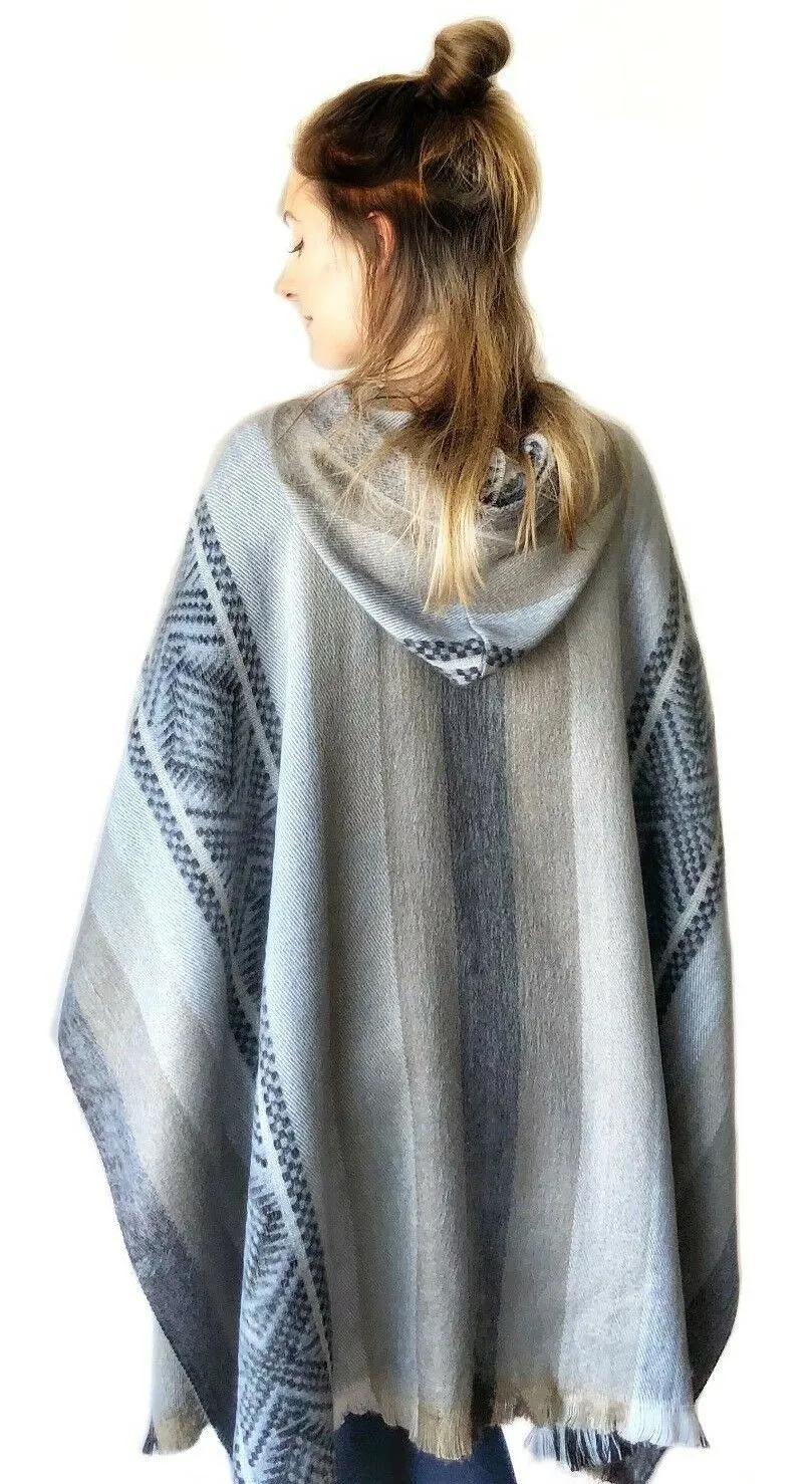 Jinambi - Lightweight Baby Alpaca Hooded Poncho - Gray/Earthtones - Unisex