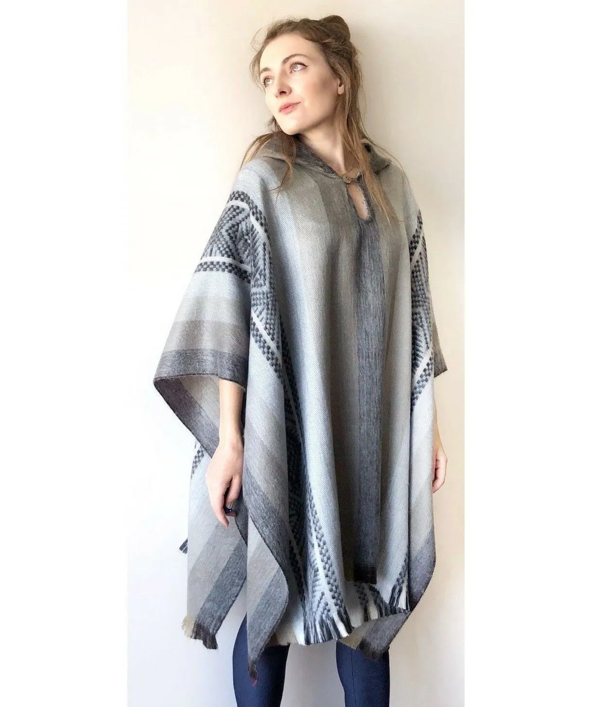 Jinambi - Lightweight Baby Alpaca Hooded Poncho - Gray/Earthtones - Unisex