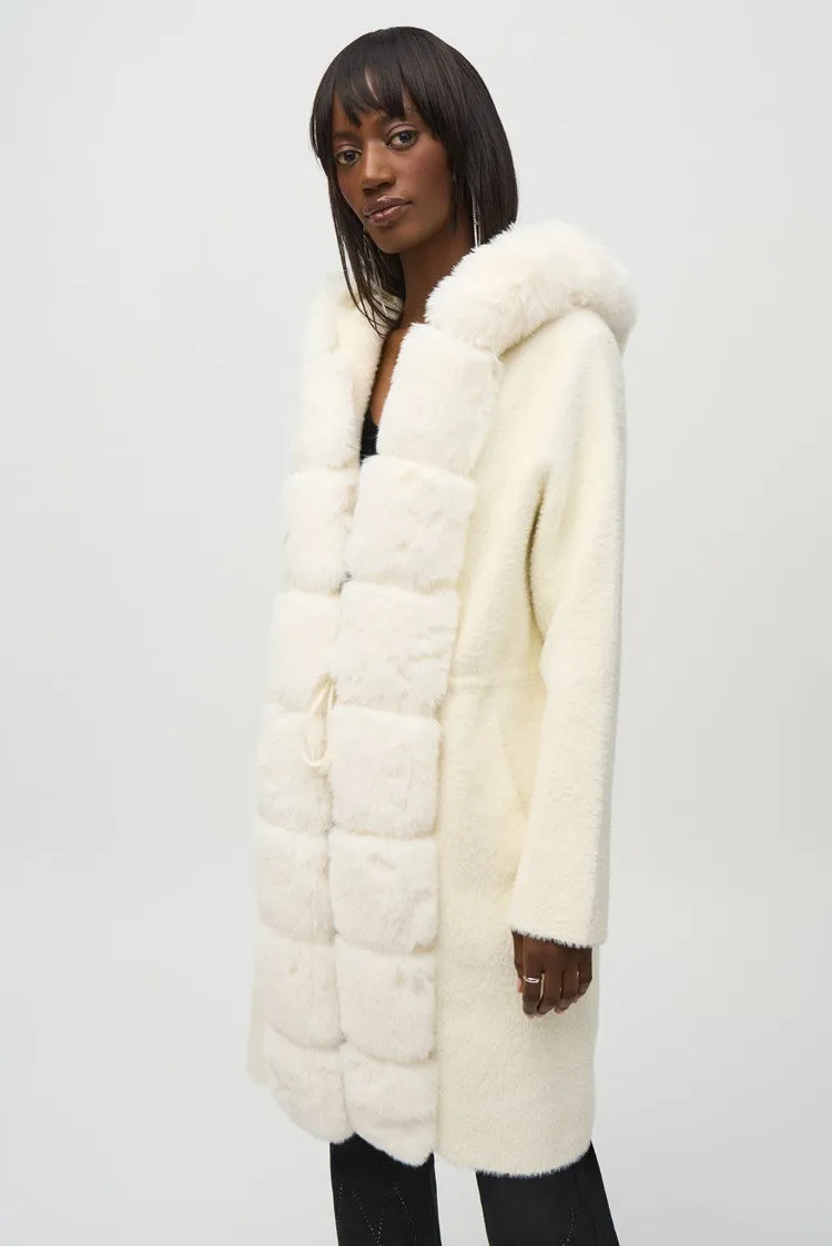 Joseph Ribkoff Vanilla Sweater Knit and Faux Fur Hooded Coat