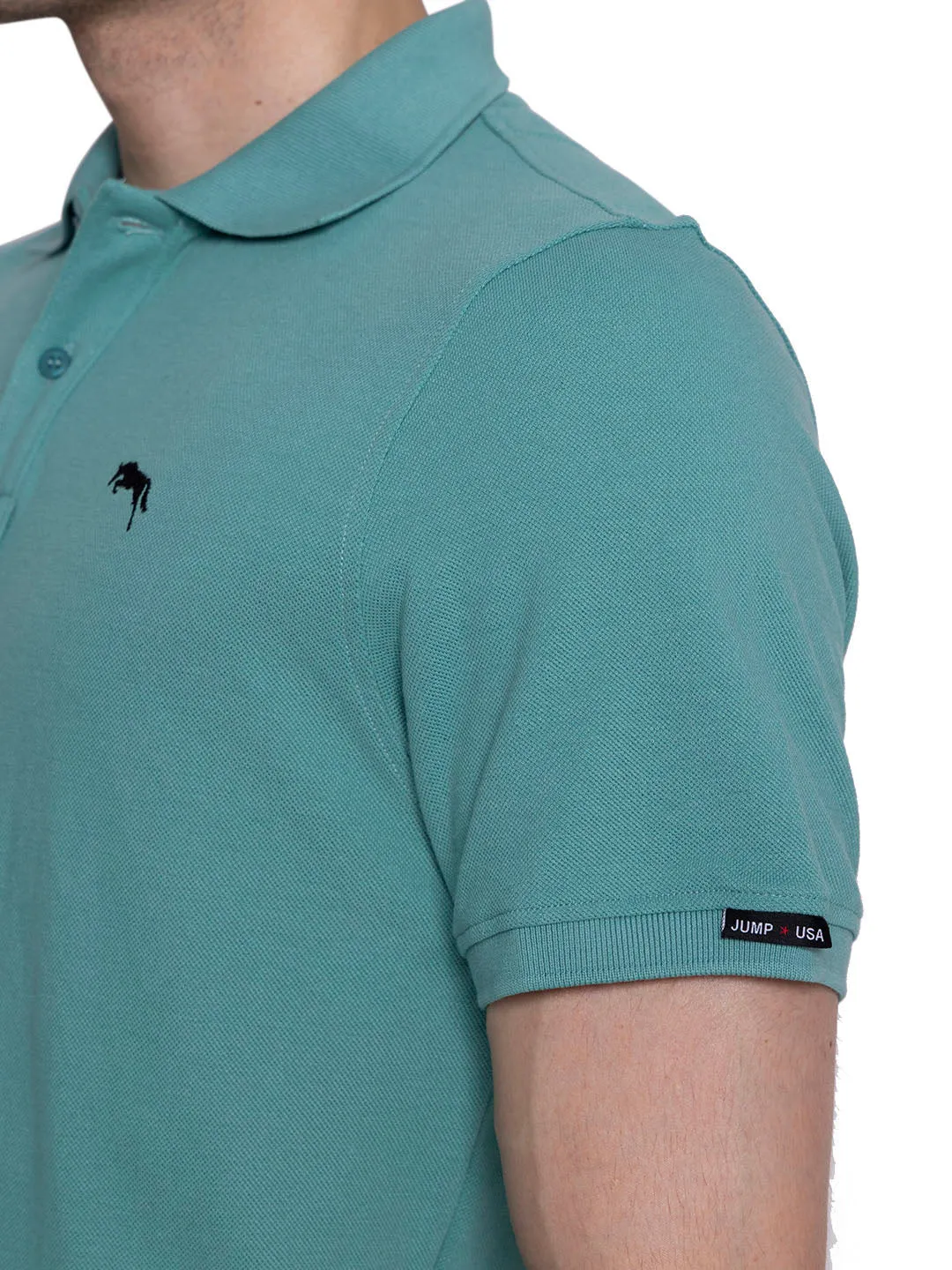 JUMP USA Men Solid see Green Polo Collar Cotton T-shirt