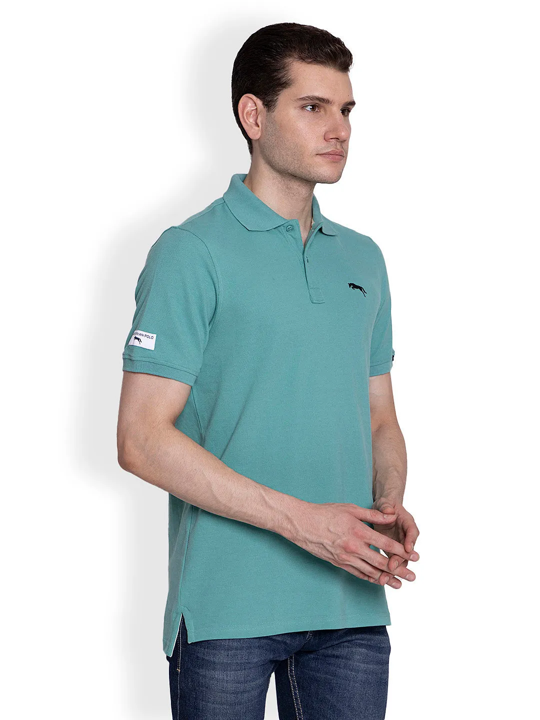 JUMP USA Men Solid see Green Polo Collar Cotton T-shirt