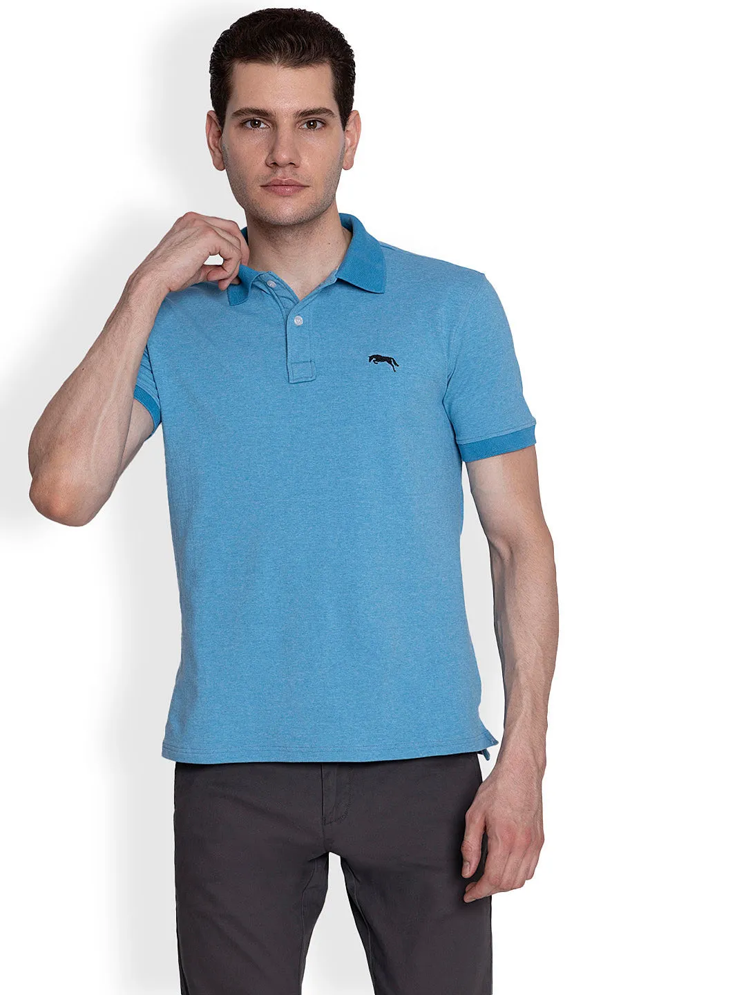 JUMP USA Men Solid Sky Blue Polo Collar Cotton T-shirt