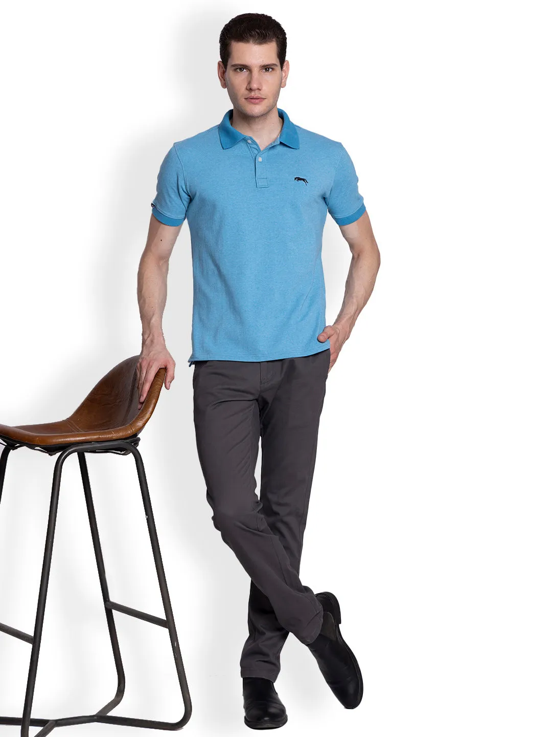 JUMP USA Men Solid Sky Blue Polo Collar Cotton T-shirt