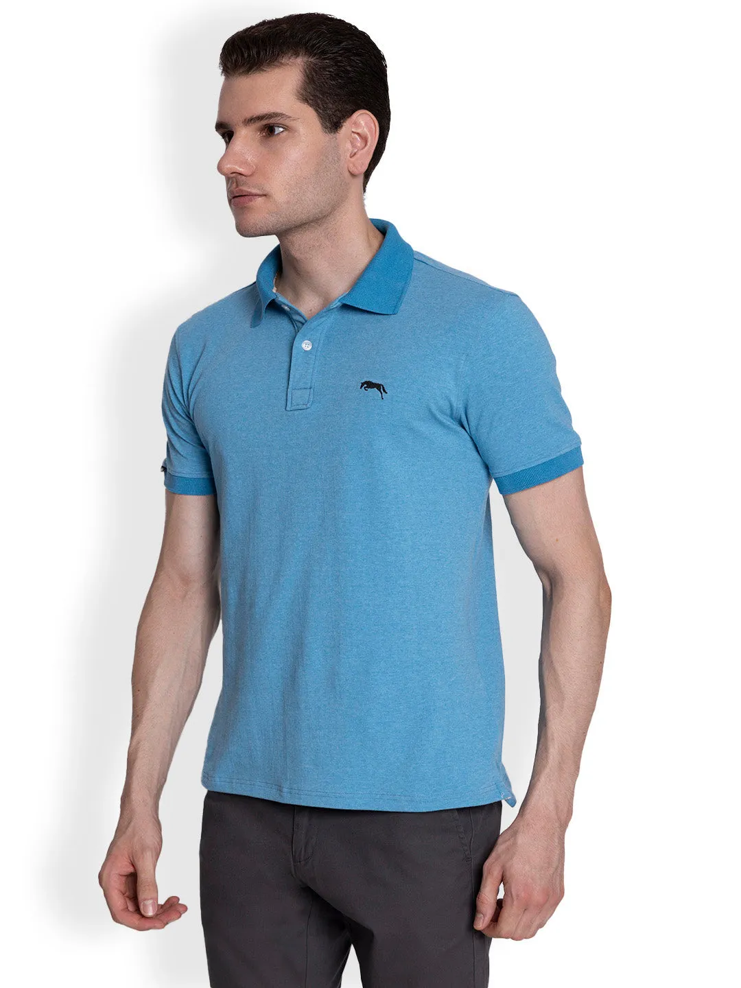 JUMP USA Men Solid Sky Blue Polo Collar Cotton T-shirt