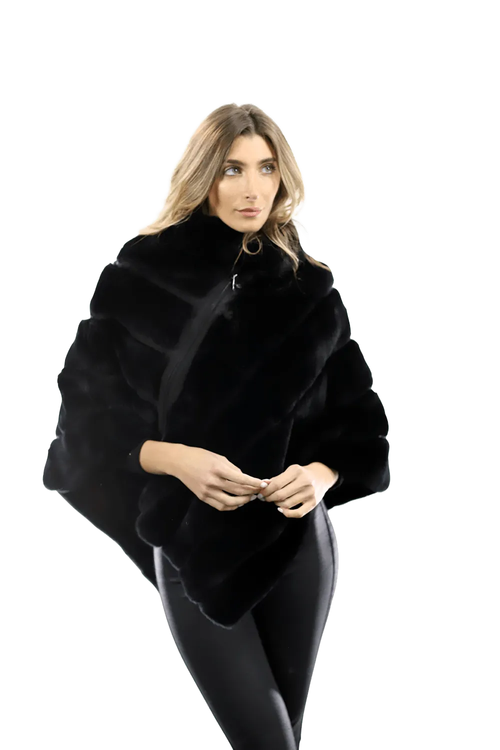 La Fiorentina -  Rex Rabbit Poncho with Zipper - Black