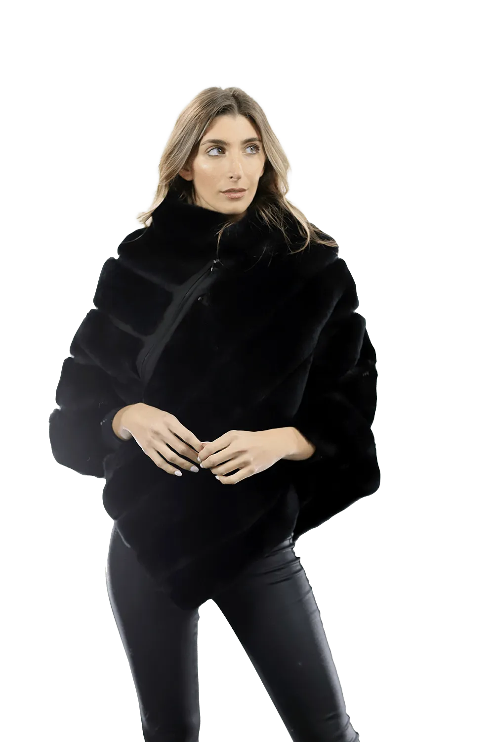 La Fiorentina -  Rex Rabbit Poncho with Zipper - Black