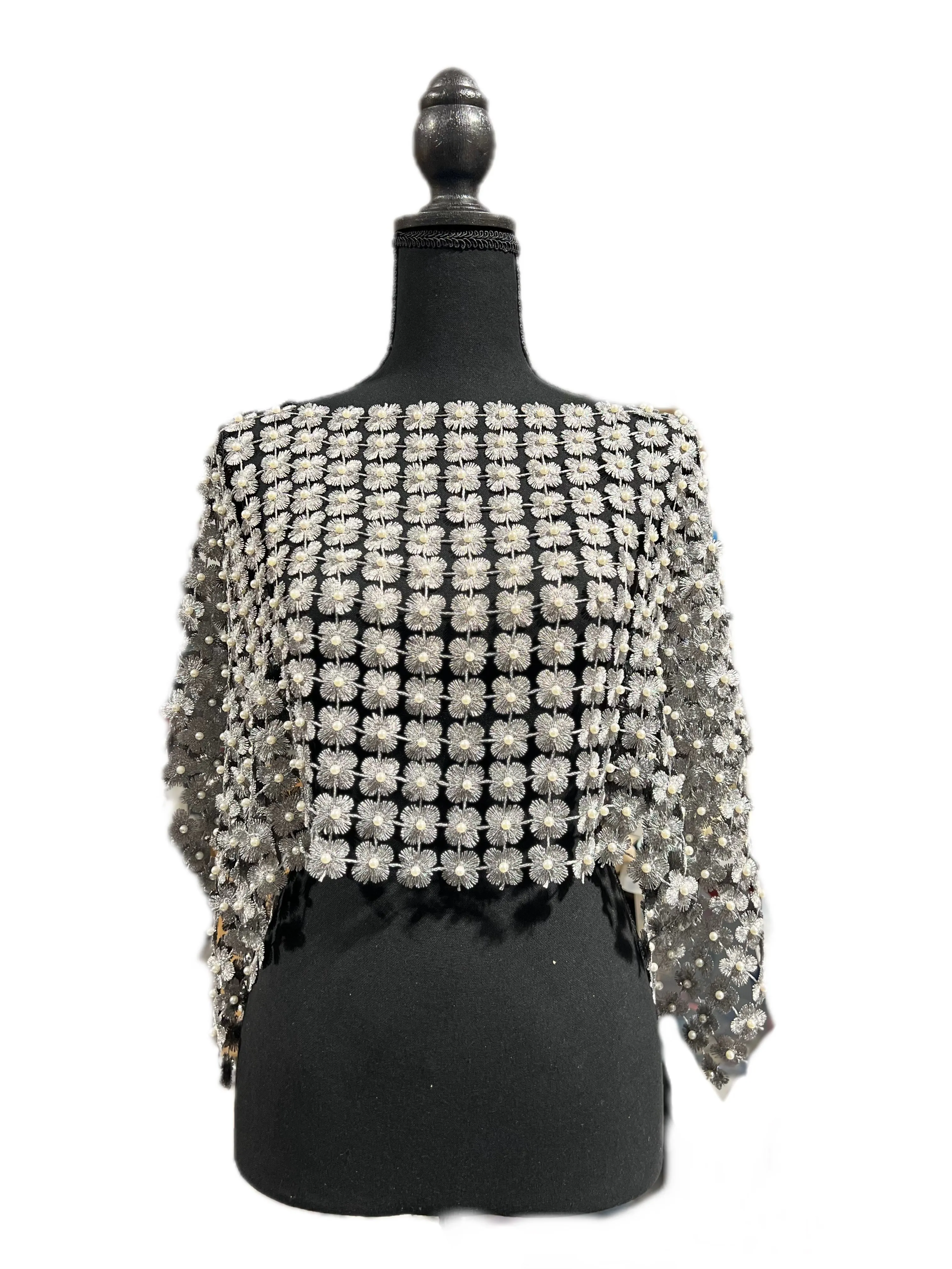 Lace Poncho with all over Pearls attached  (Silver)