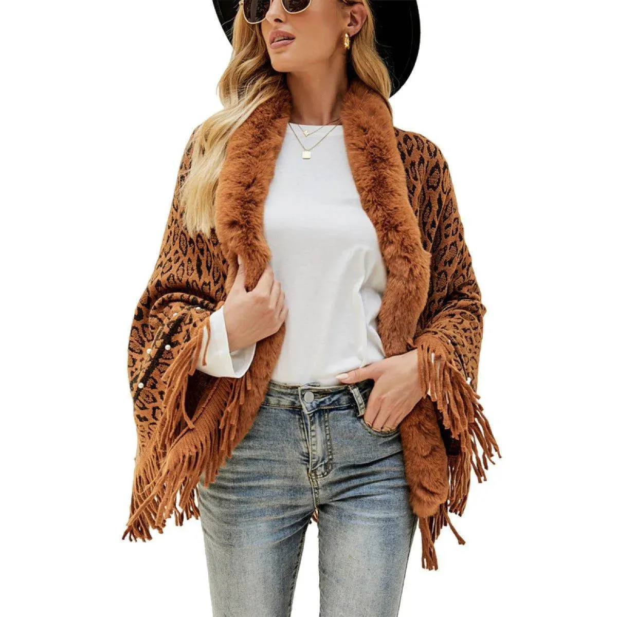 Leopard Fringe Faux Fur Shearling Poncho