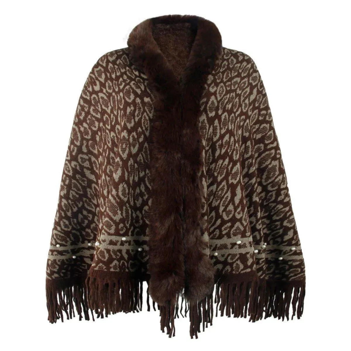 Leopard Fringe Faux Fur Shearling Poncho