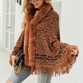 Leopard Fringe Faux Fur Shearling Poncho