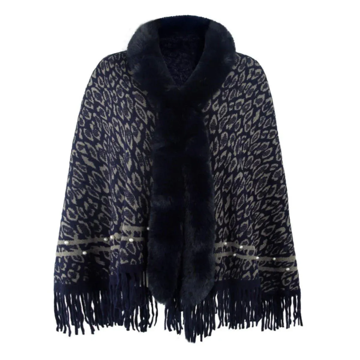 Leopard Fringe Faux Fur Shearling Poncho