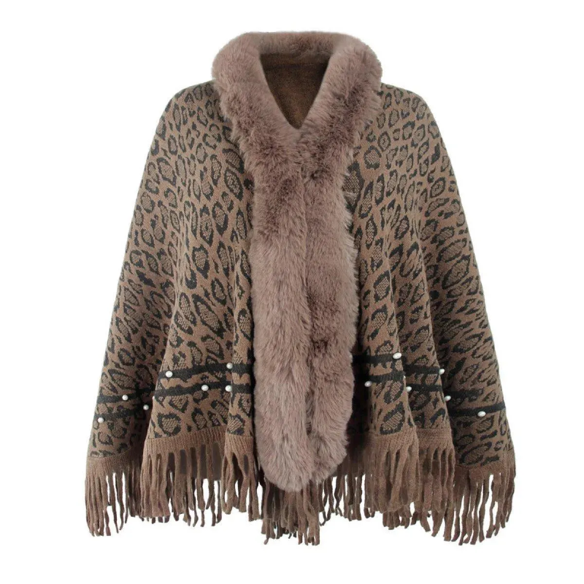 Leopard Fringe Faux Fur Shearling Poncho