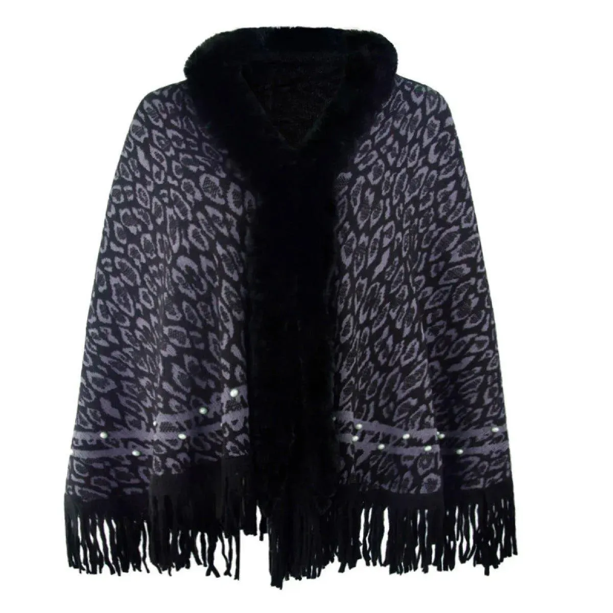 Leopard Fringe Faux Fur Shearling Poncho