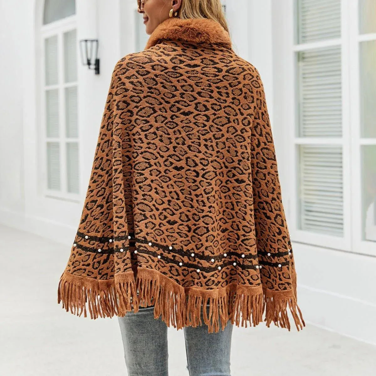 Leopard Fringe Faux Fur Shearling Poncho