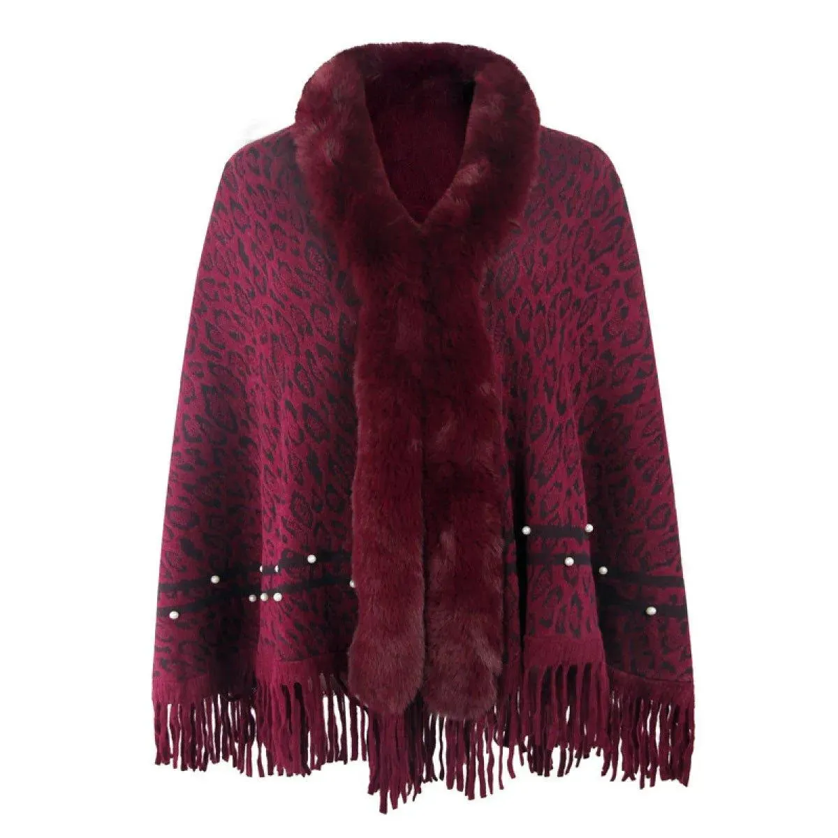 Leopard Fringe Faux Fur Shearling Poncho