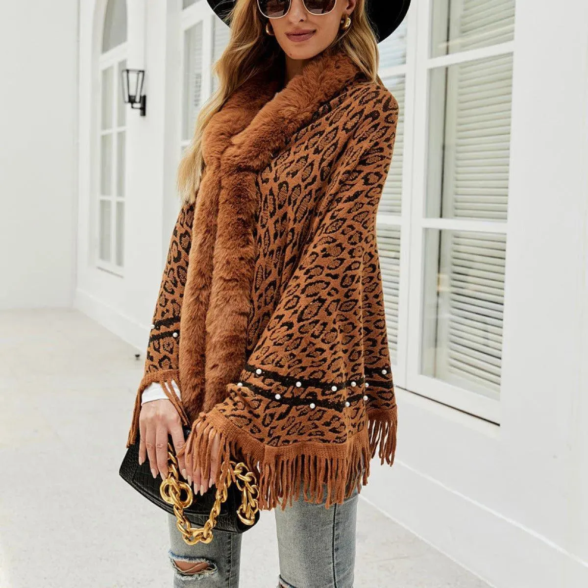 Leopard Fringe Faux Fur Shearling Poncho