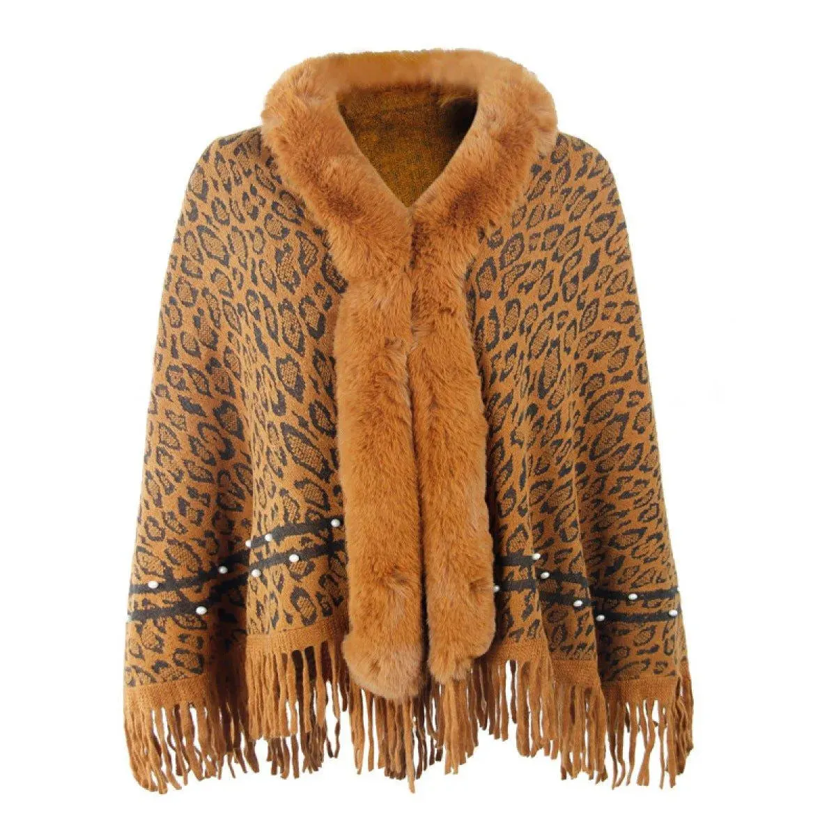 Leopard Fringe Faux Fur Shearling Poncho