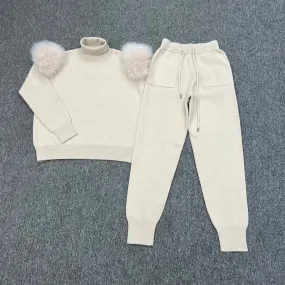 Light Beige Luxury Fur Roll Neck Jogger Tracksuit