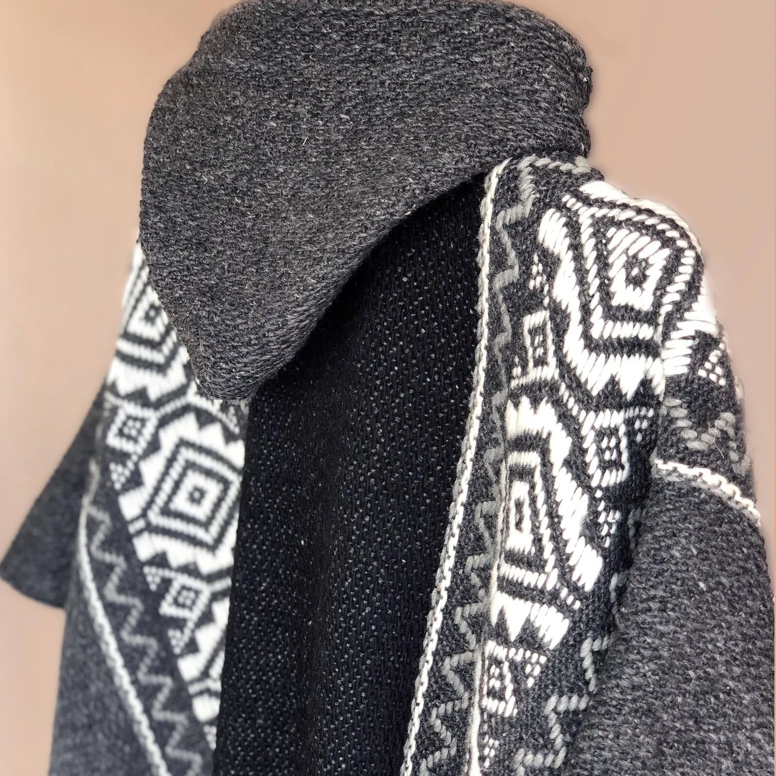 Llama Wool Unisex South American Handwoven Hooded Poncho - black/dark gray with diamonds pattern