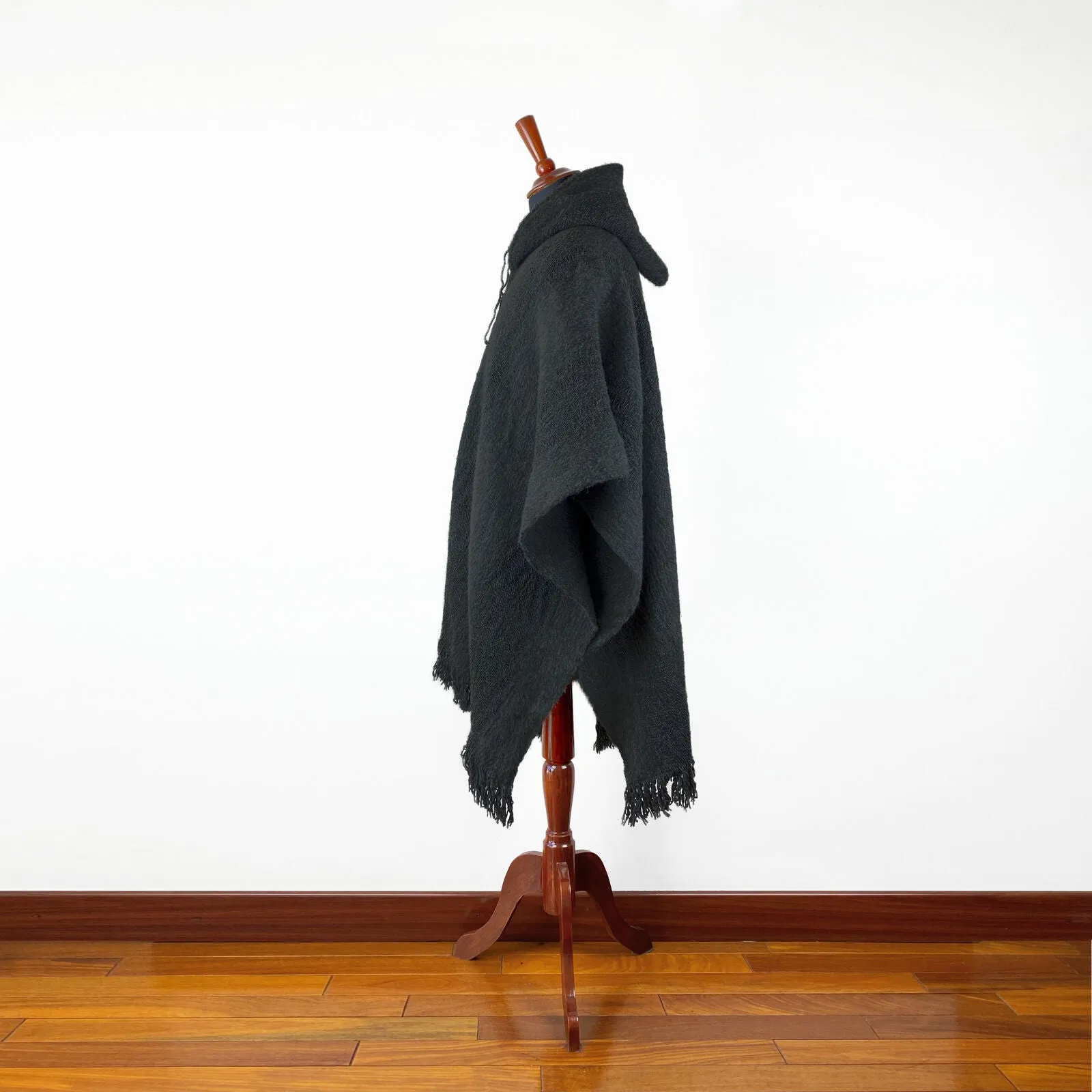 Llama Wool Unisex South American Handwoven Hooded Poncho - solid black pattern