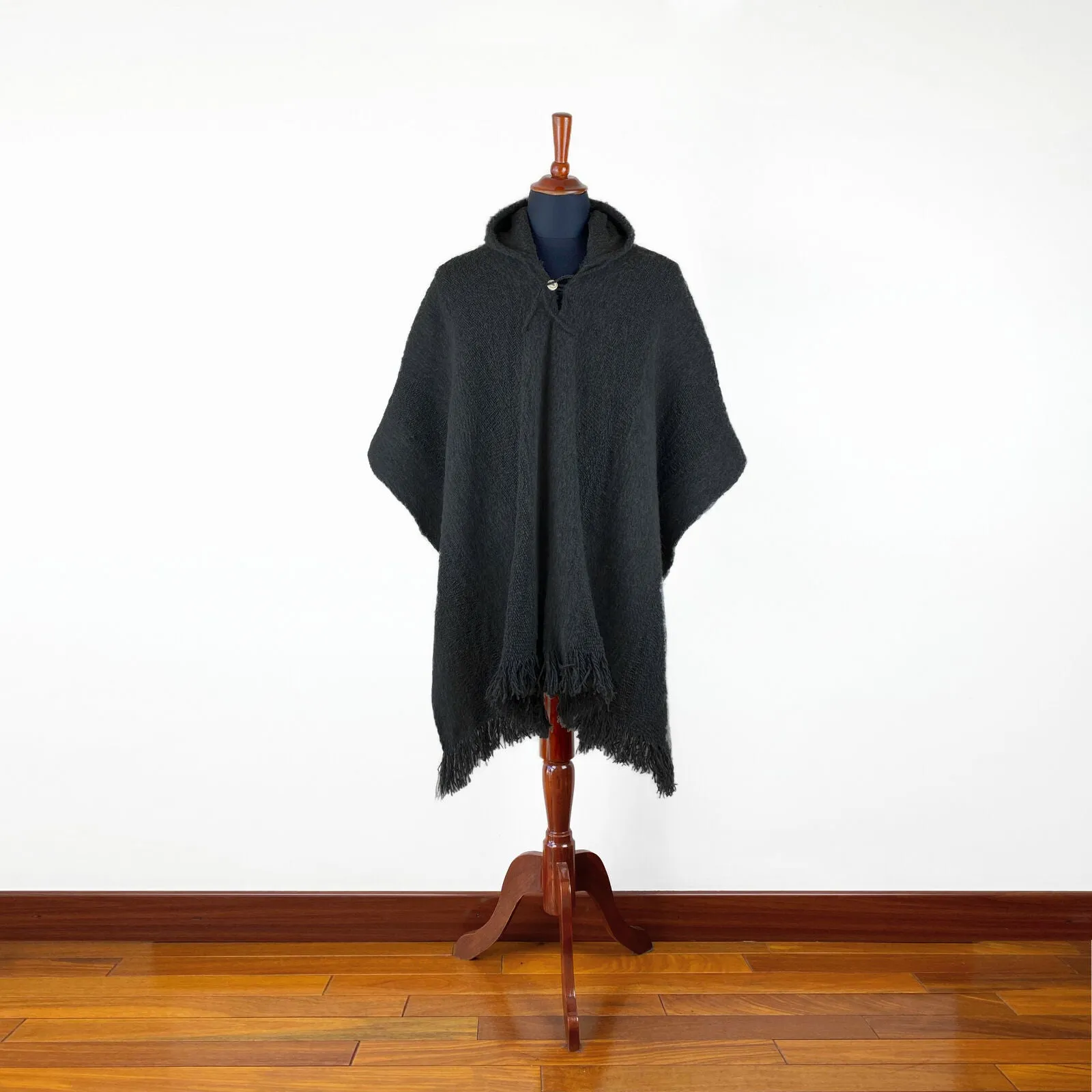 Llama Wool Unisex South American Handwoven Hooded Poncho - solid black pattern