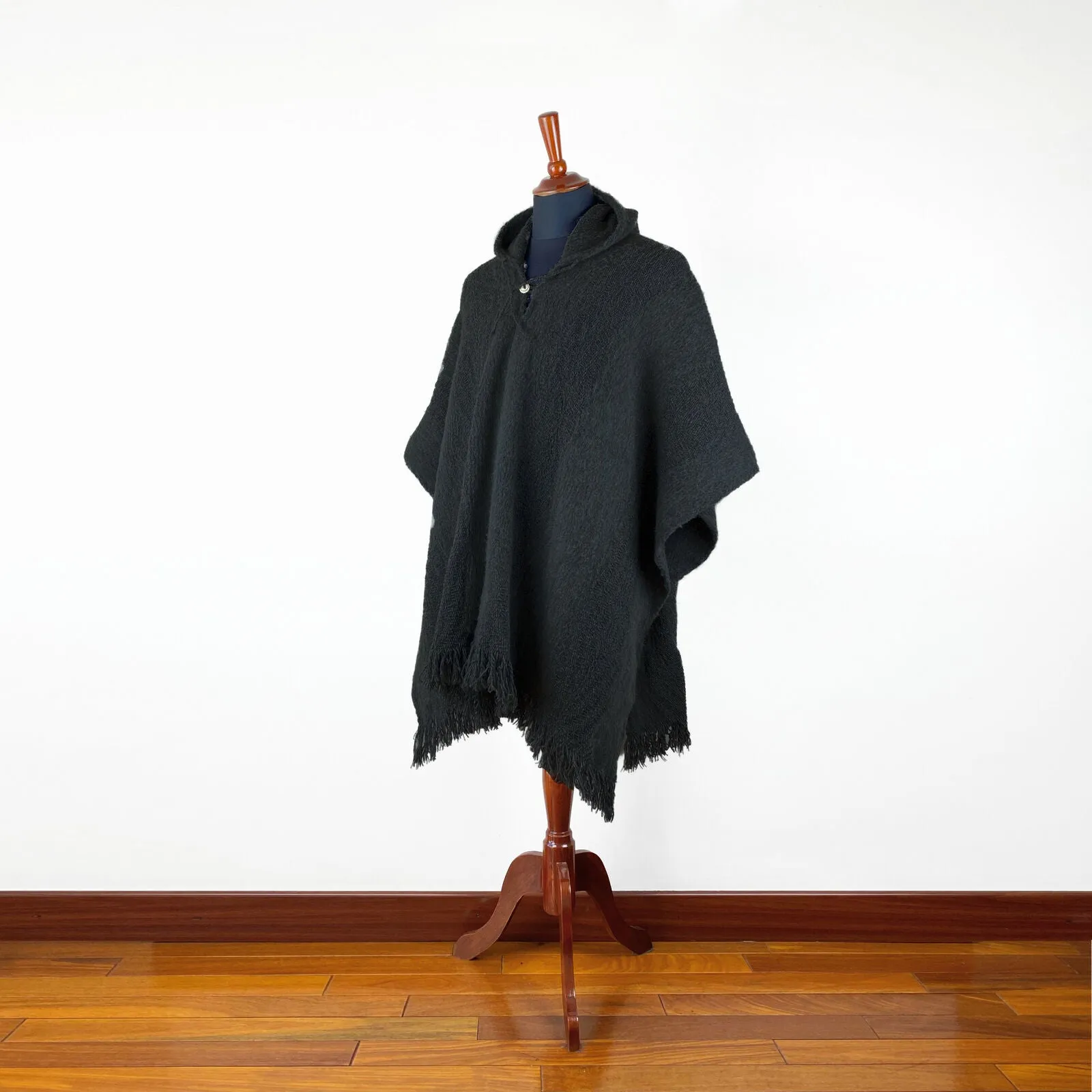 Llama Wool Unisex South American Handwoven Hooded Poncho - solid black pattern