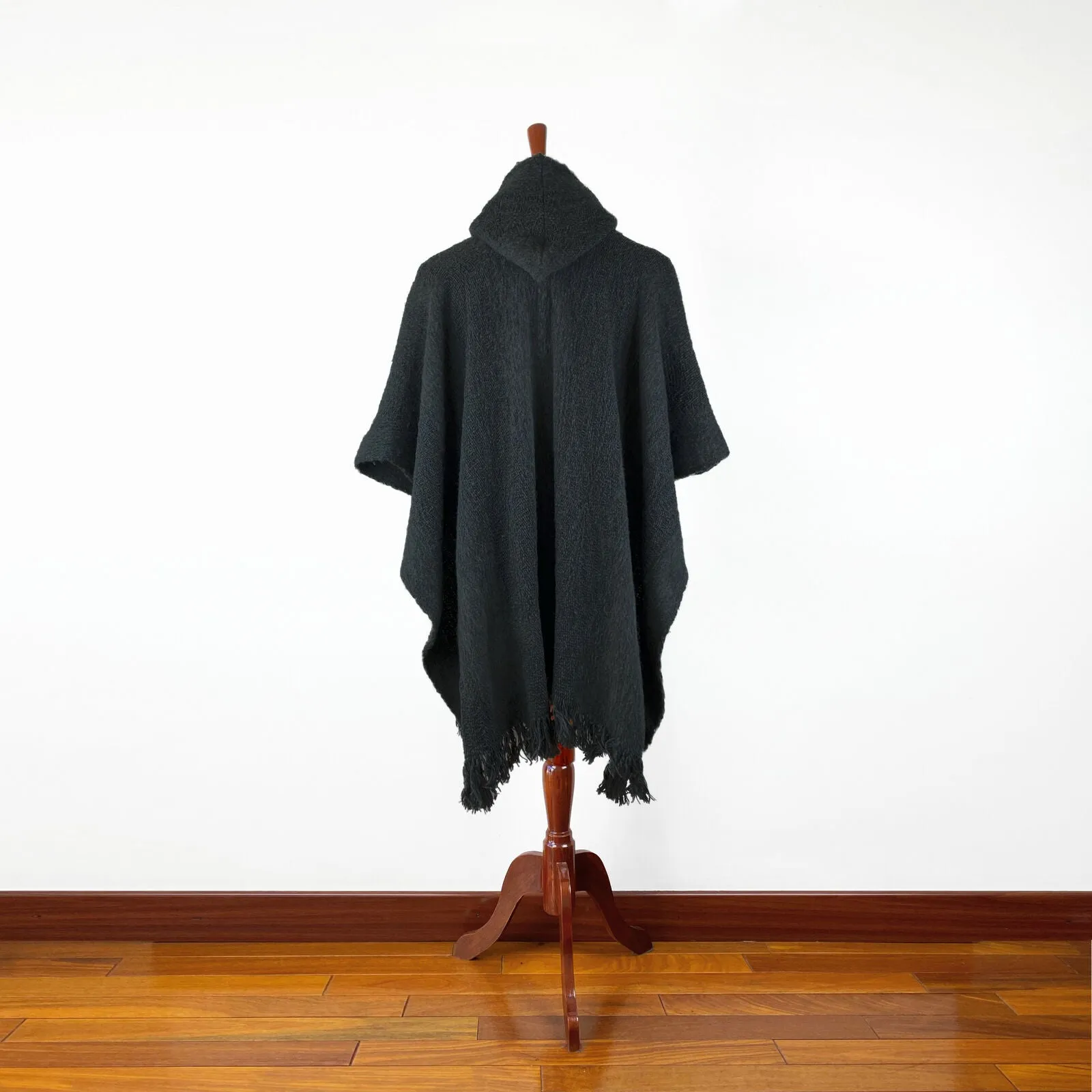 Llama Wool Unisex South American Handwoven Hooded Poncho - solid black pattern