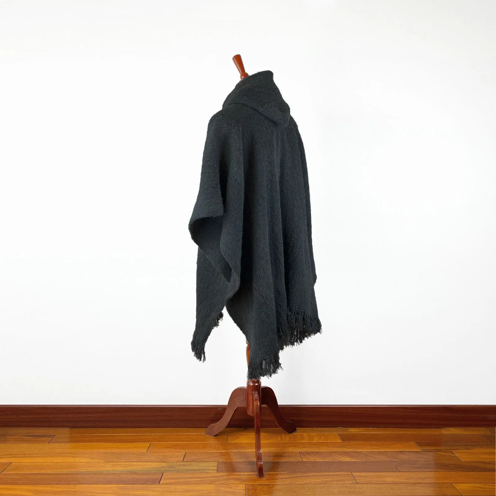 Llama Wool Unisex South American Handwoven Hooded Poncho - solid black pattern