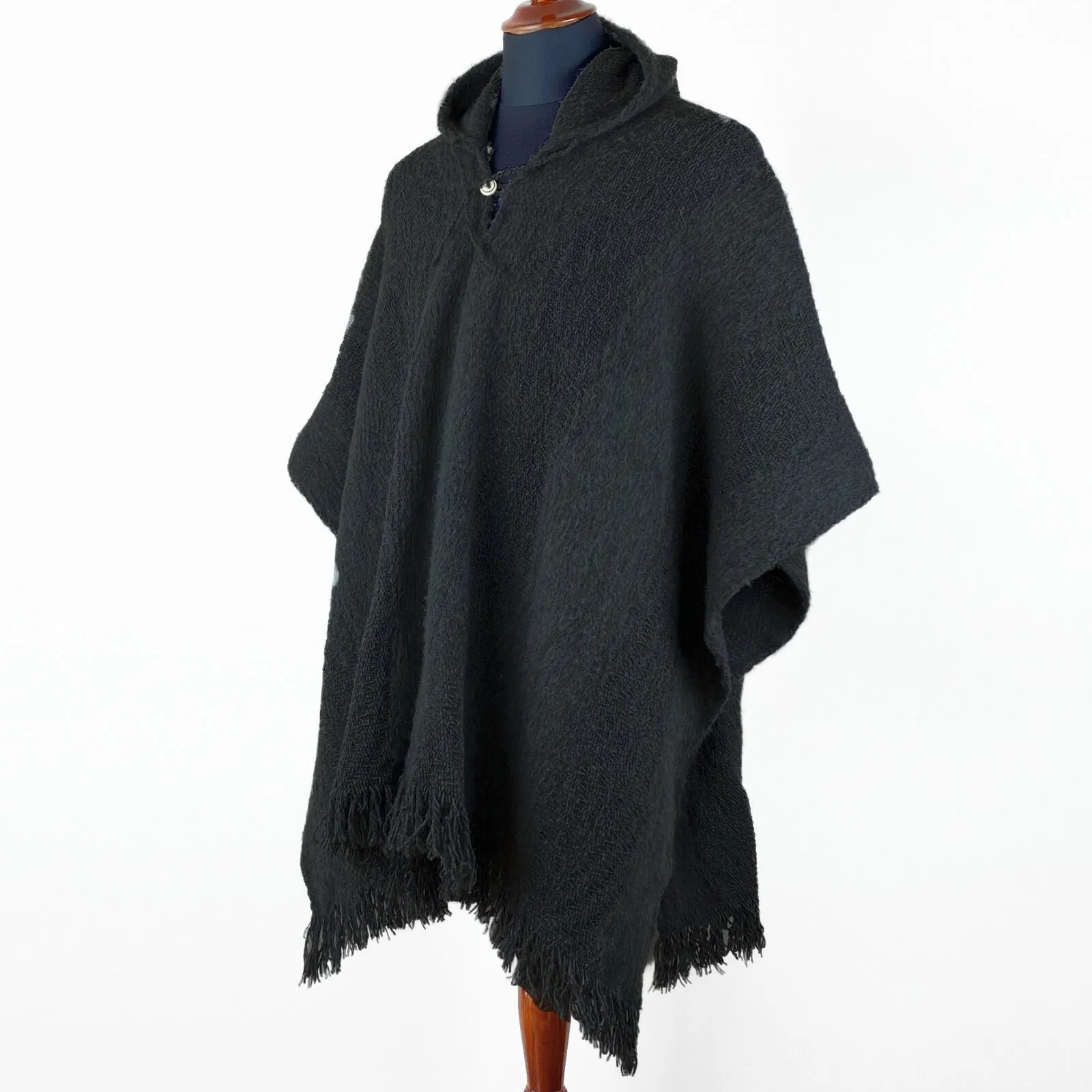 Llama Wool Unisex South American Handwoven Hooded Poncho - solid black pattern