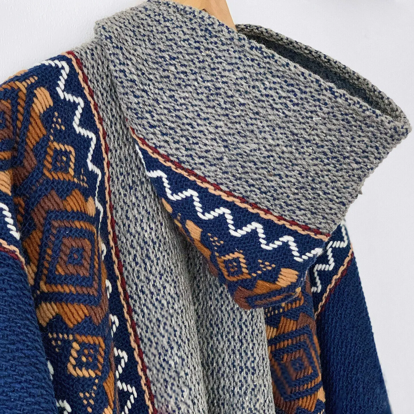 Llama Wool Unisex South American Handwoven Hooded Poncho - solid blue/gray with diamonds pattern